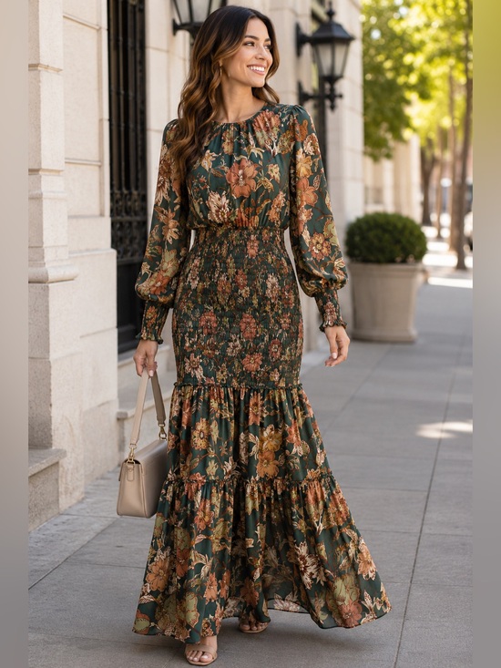 Böheme Dresses & Skirts - NWT Böhme Green Floral Smocked Long Sleeve Maxi Dress Small